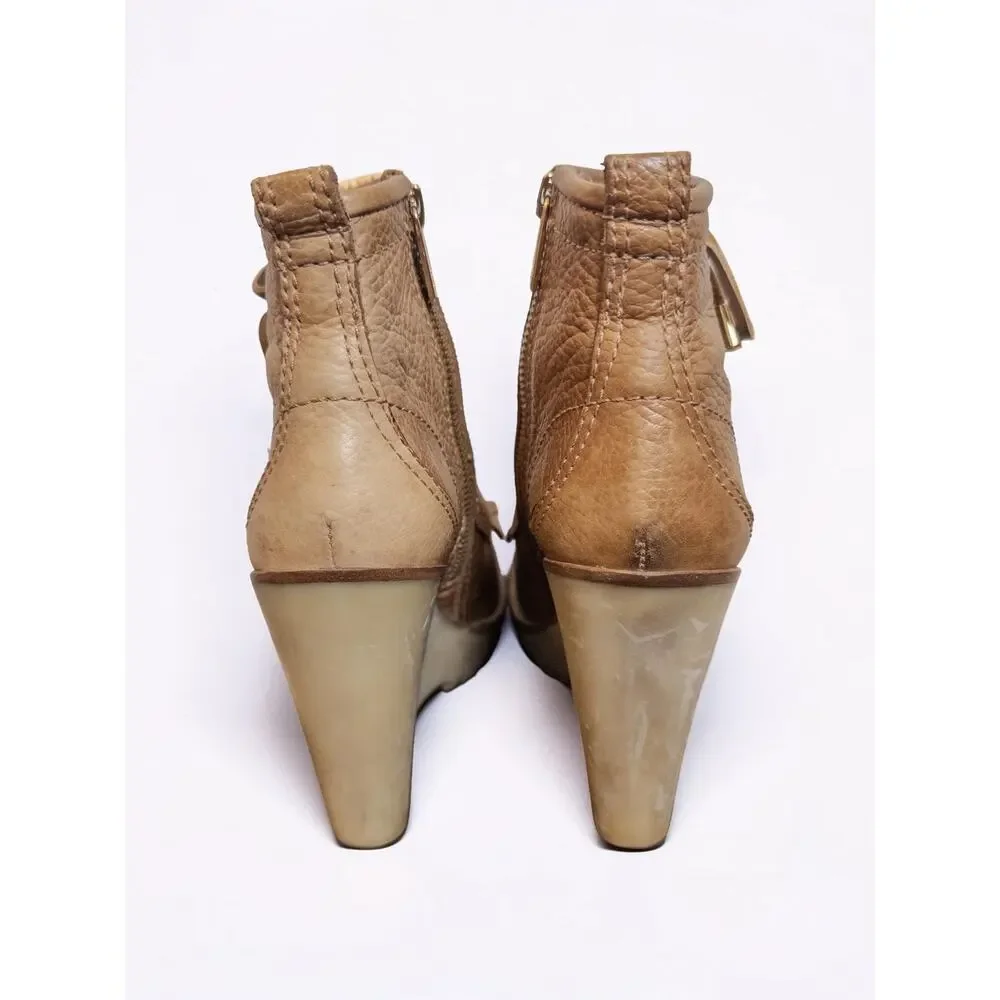 Tory Burch Howard Tan Leather Fringe Lug Wedge Boots Women’s 6
